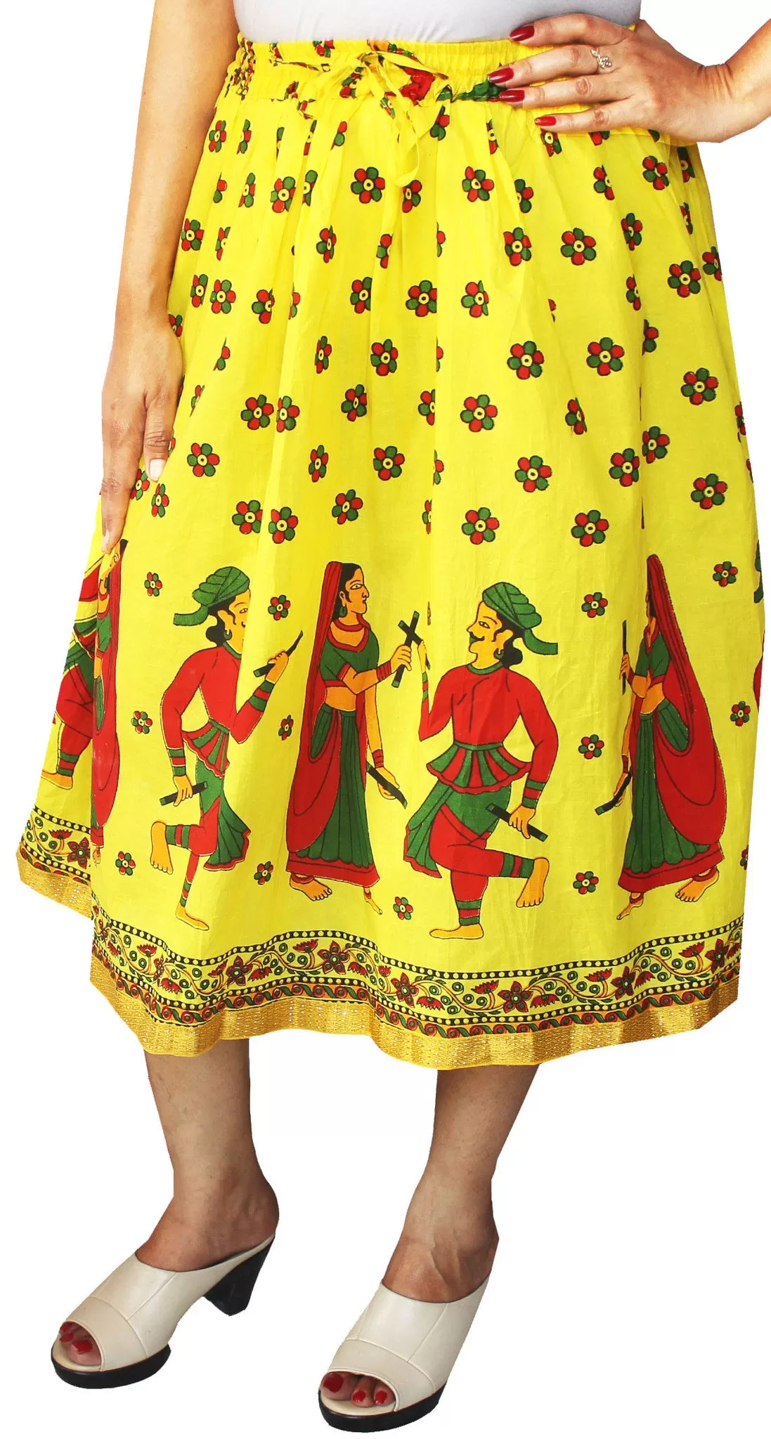 Printed Cotton Womens Long Skirt Indian Clothing (Yellow)