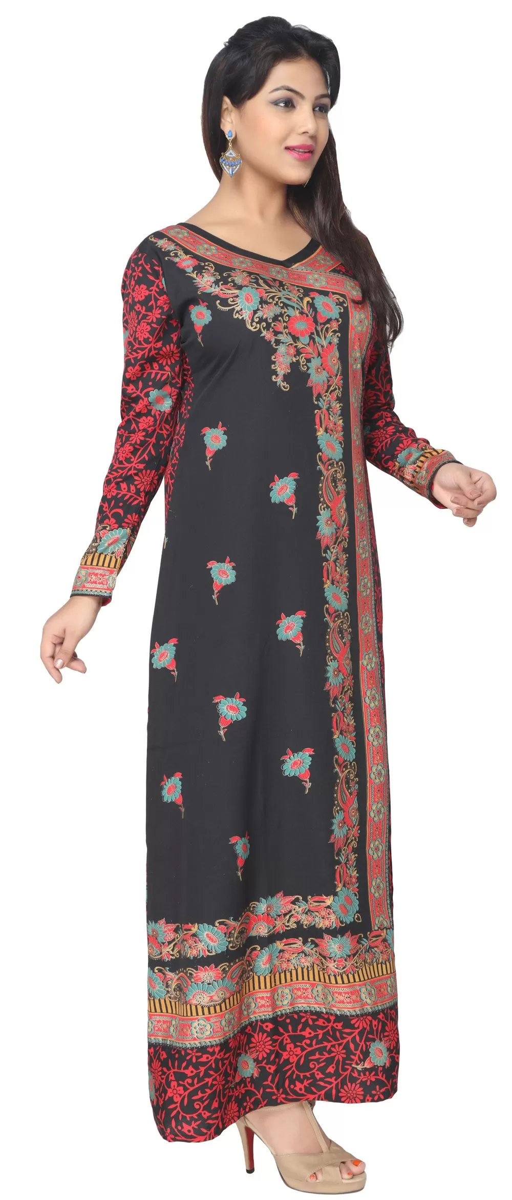 Printed Evening Caftan Womens Long Dress Abayas (Black)