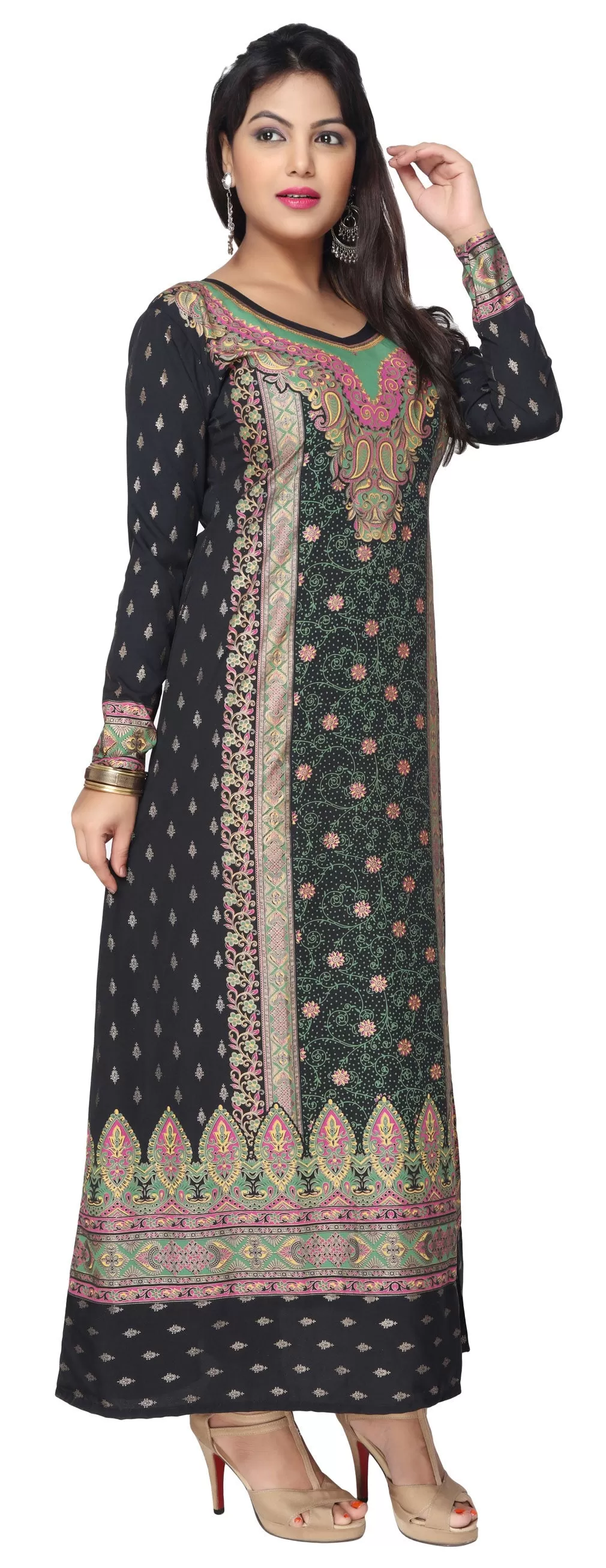 Printed Womens Kaftan Long Evening Dress (Black-Green)