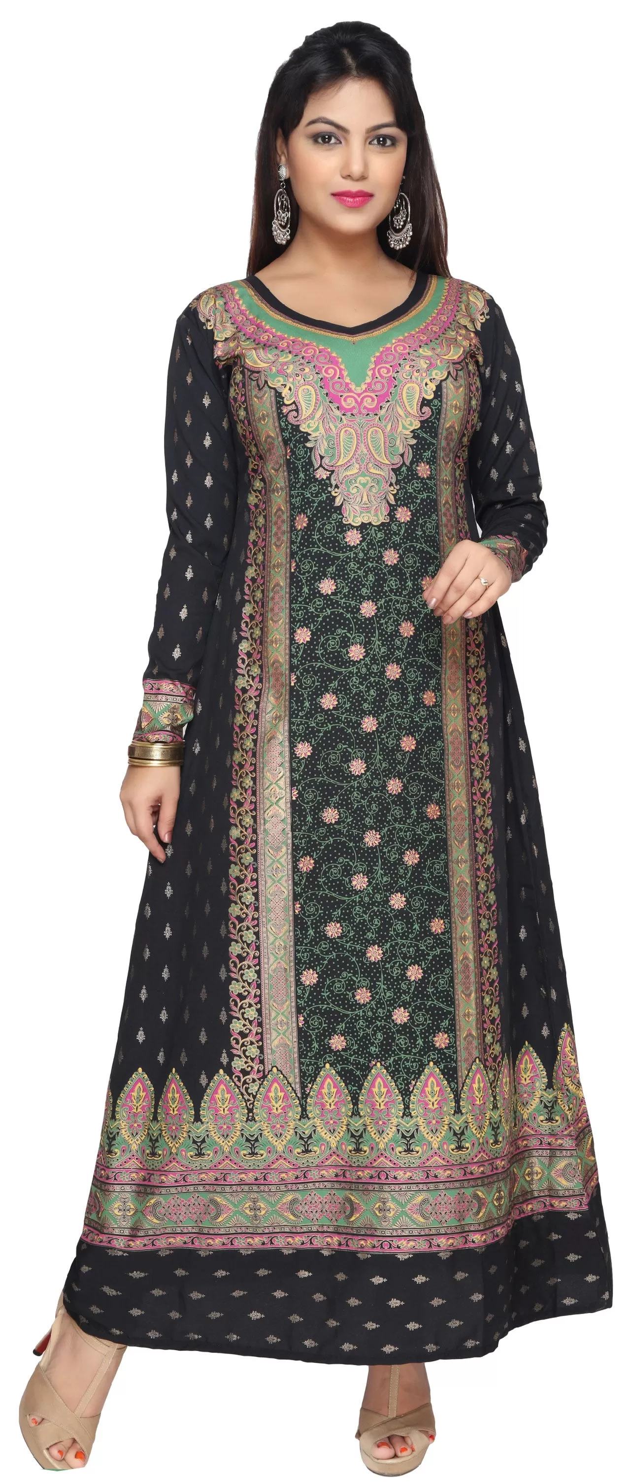 Printed Womens Kaftan Long Evening Dress (Black-Green)