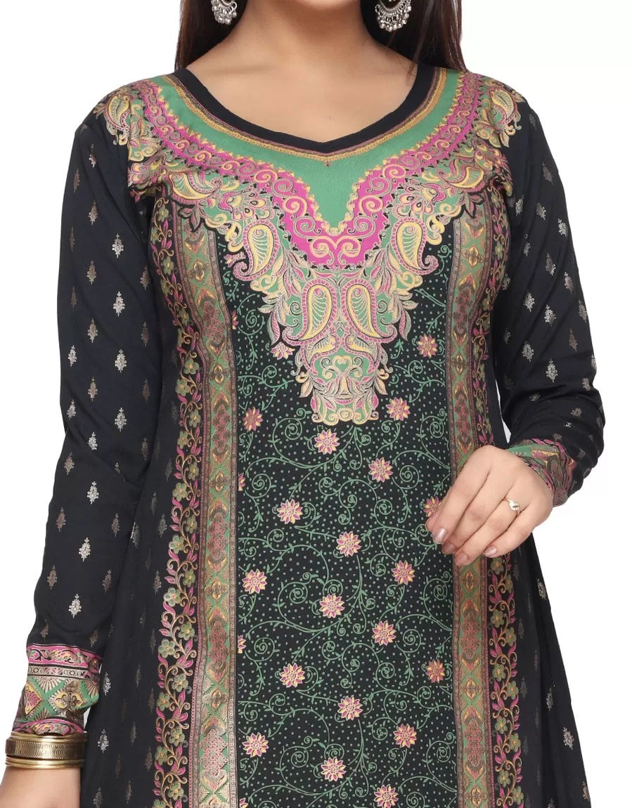 Printed Womens Kaftan Long Evening Dress (Black-Green)