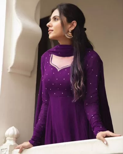 Purple Georgette Long Anarkali Dupatta Set