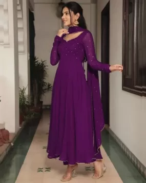 Purple Georgette Long Anarkali Dupatta Set