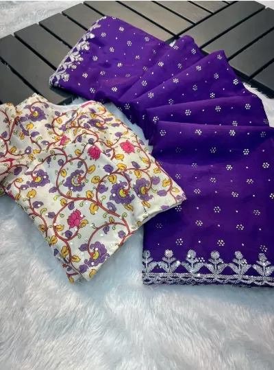 Purple Zari Saree with Readymade Stitched Blouse