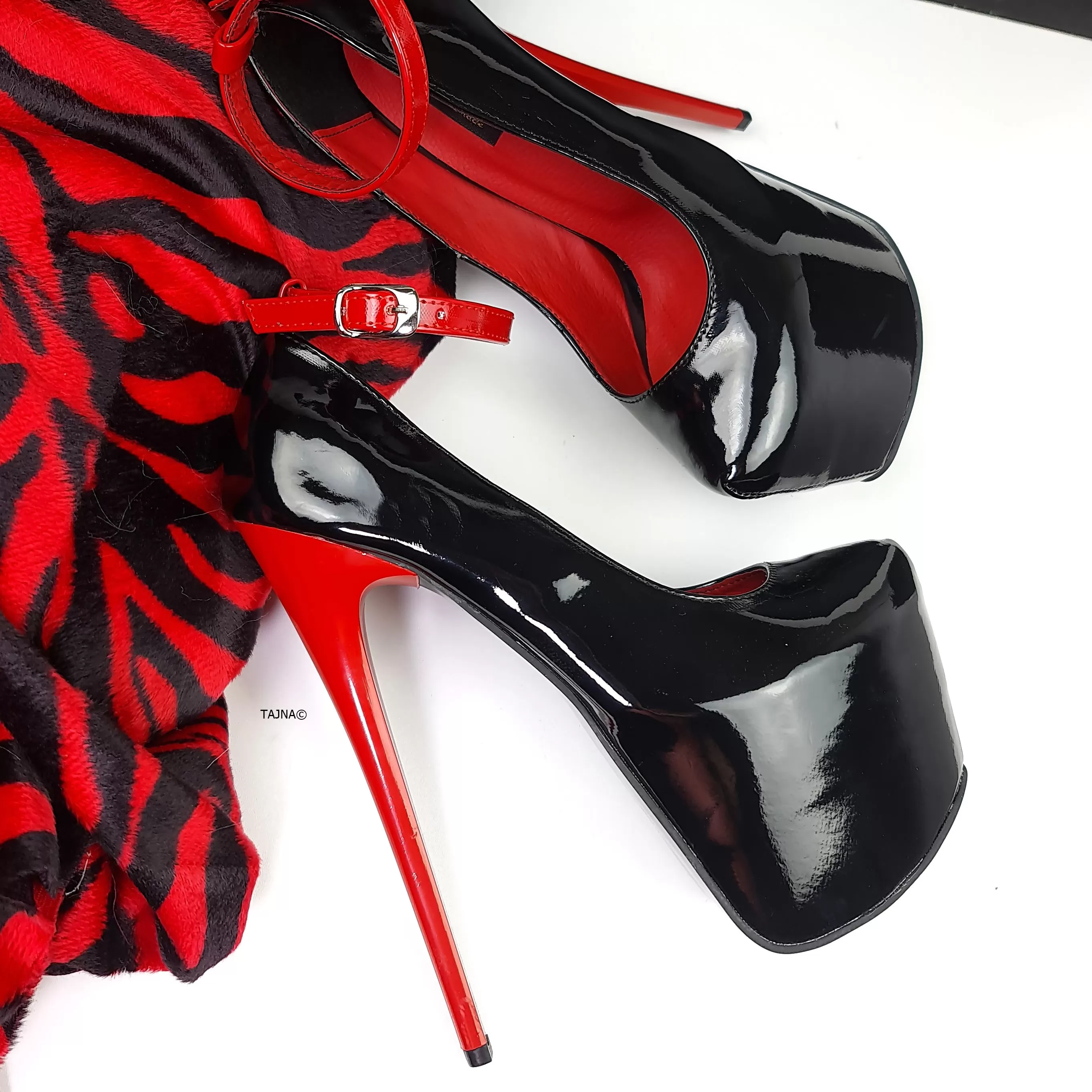 Red Black Gloss Ankle Strap High Heel Pumps