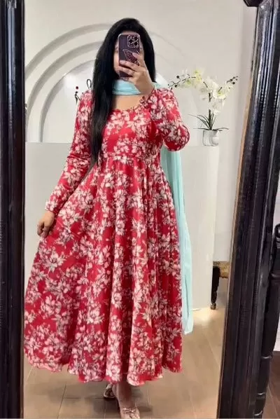 Red Floral Print Georgette Anarkali With Dupatta Set Of 2