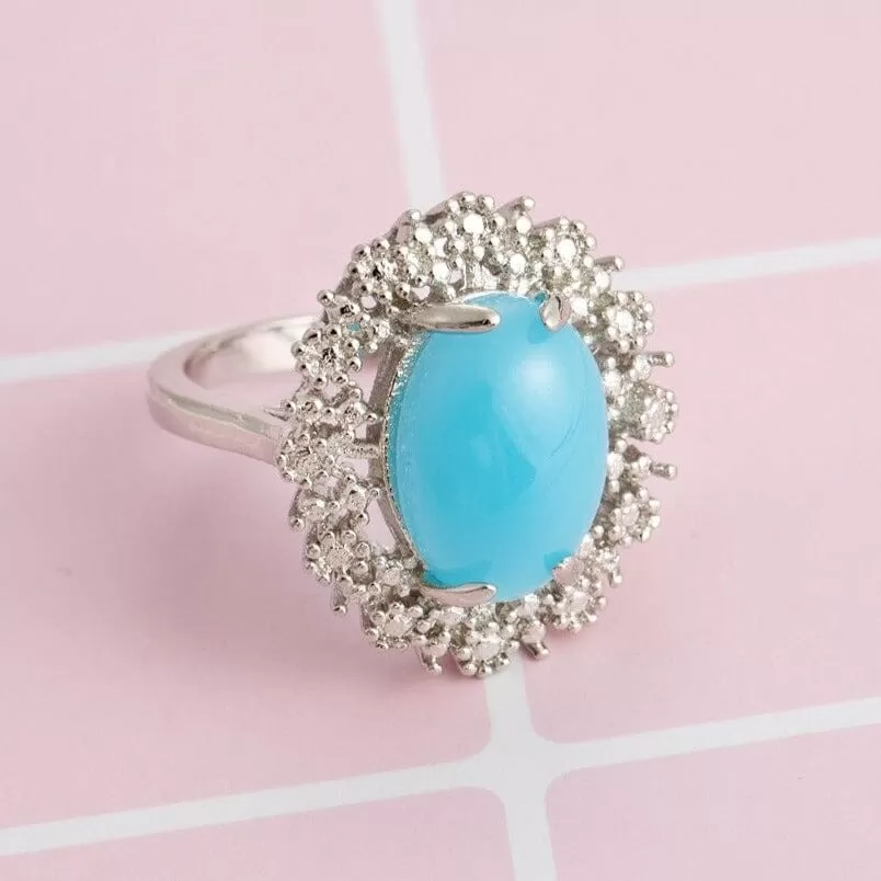 Romantic Blue Opal Stone Ring - 925 Sterling Silver