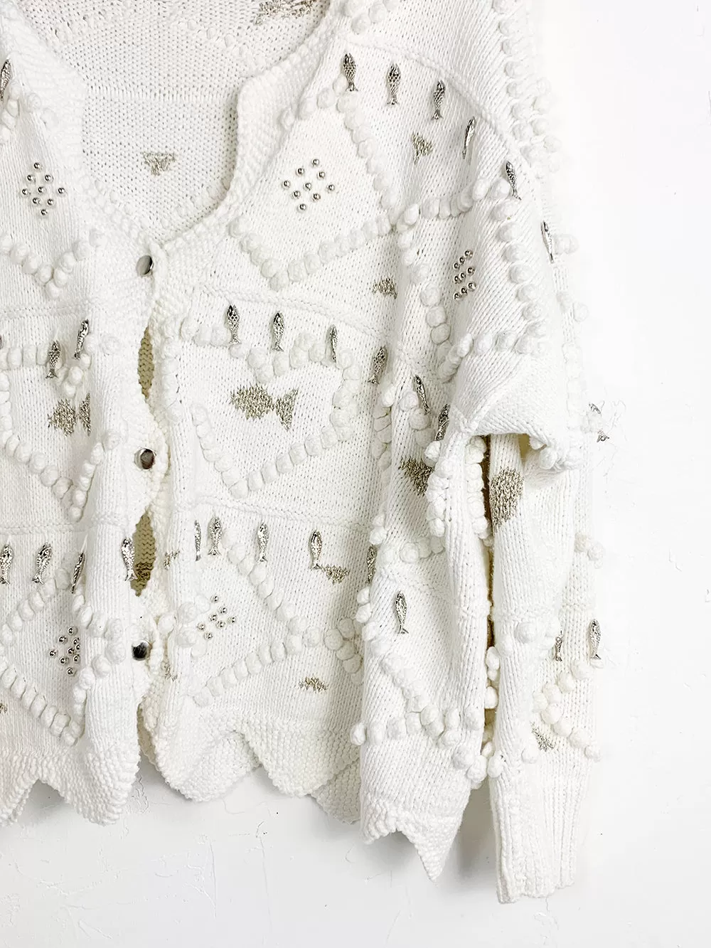 SarahWindsor White Handknit Cardigan With Fish Beads and Studs