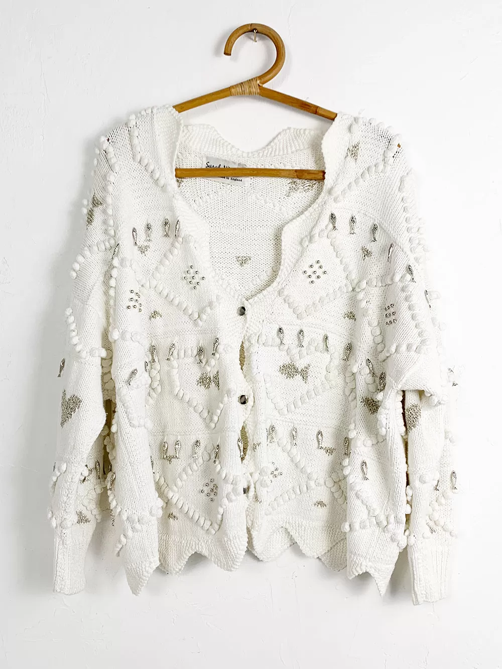 SarahWindsor White Handknit Cardigan With Fish Beads and Studs