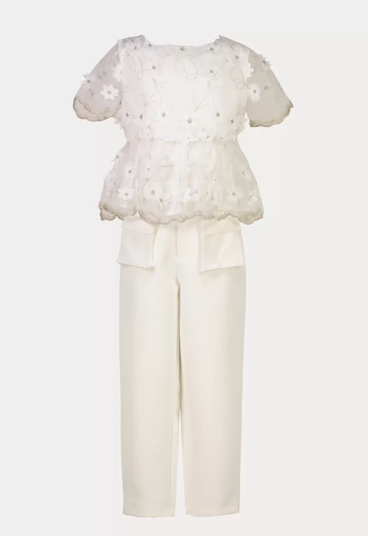 Scallop Floral Embroidery Sheer Blouse And Pants Set