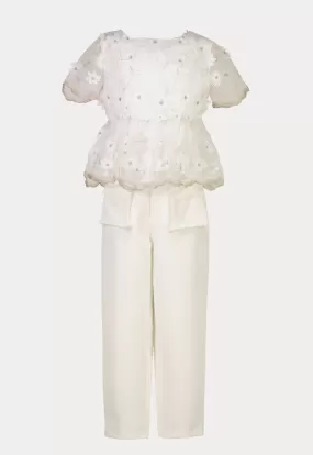 Scallop Floral Embroidery Sheer Blouse And Pants Set