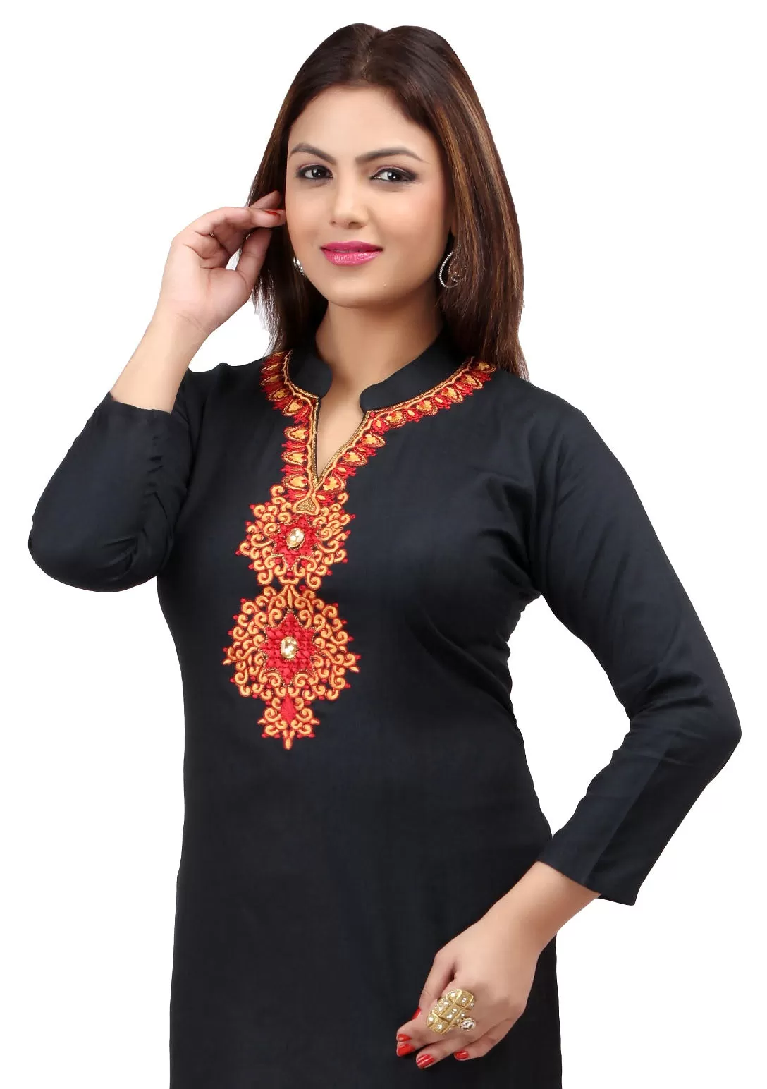 Short Kurti Women's Blouse Embroidered Indian Clothing (Black)