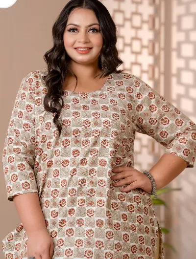 Short Plus Size Kurti Tunic Beige Cotton