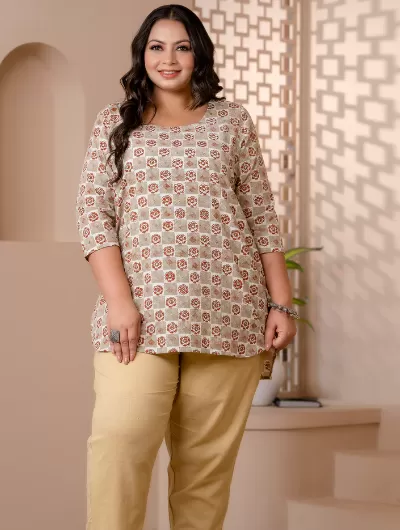 Short Plus Size Kurti Tunic Beige Cotton