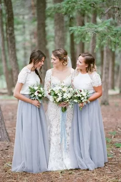 Short Sleeve White Top Light Grey Tulle Skirt Popular Floor-Length Bridesmaid Dresses