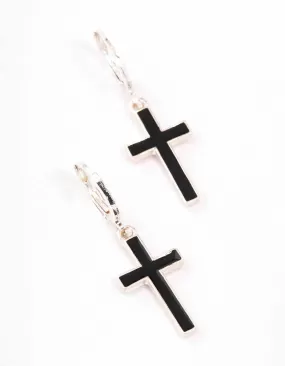 Silver Cross Drop Huggie Earrings