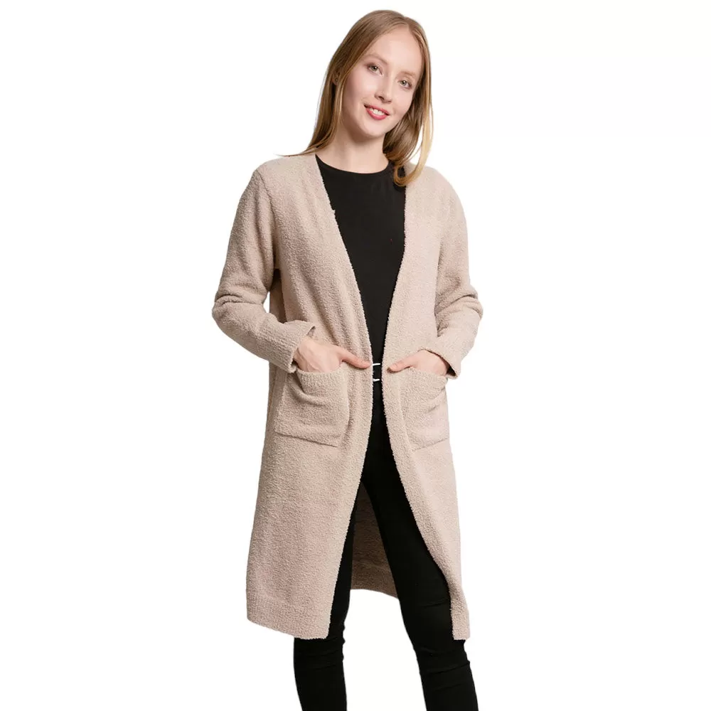 Solid Front Pockets Long Cardigan