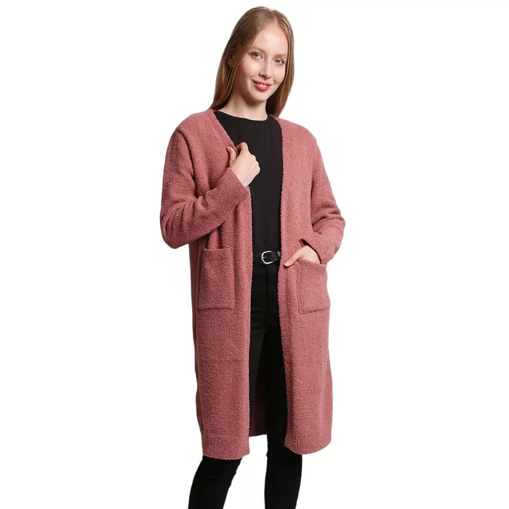 Solid Front Pockets Long Cardigan