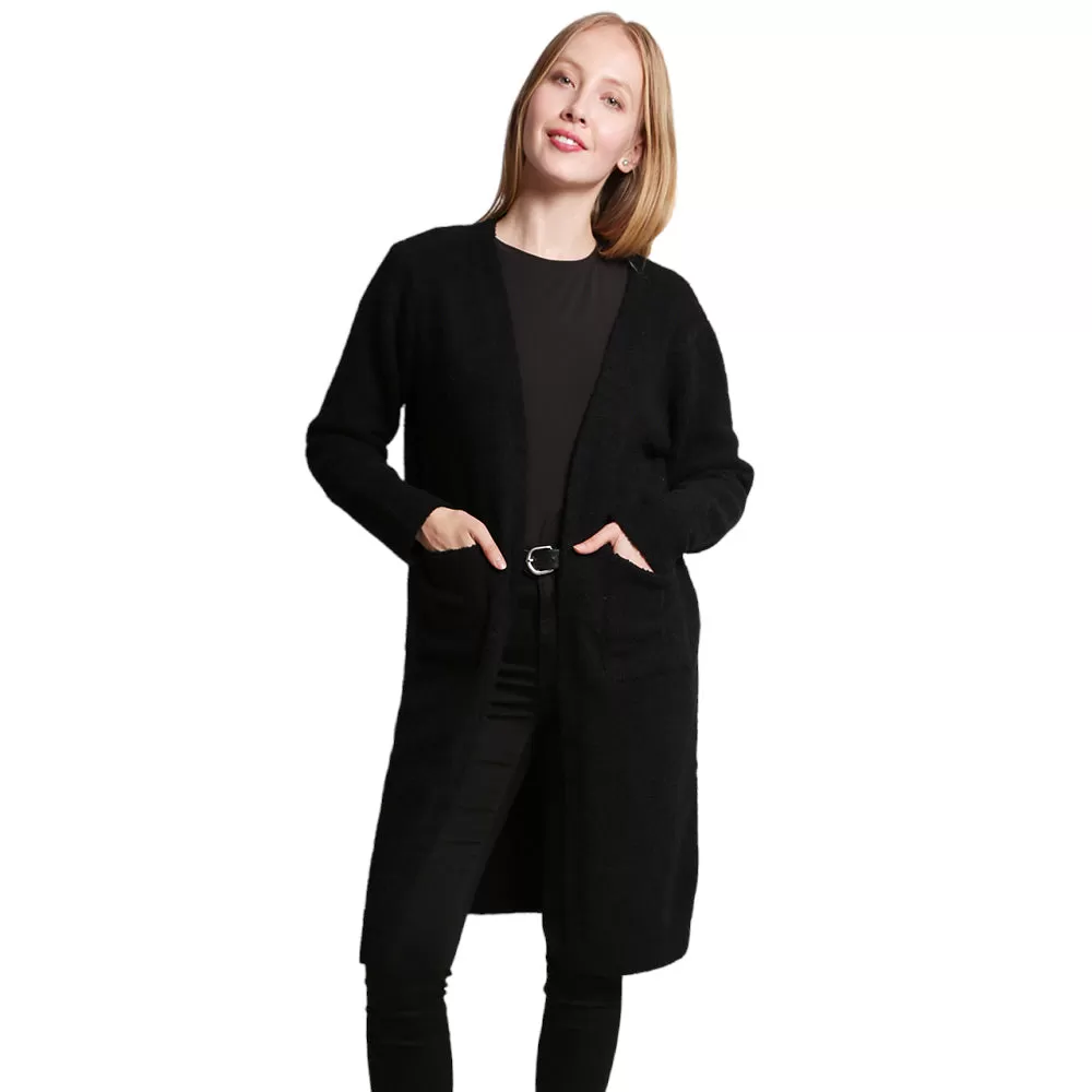 Solid Front Pockets Long Cardigan