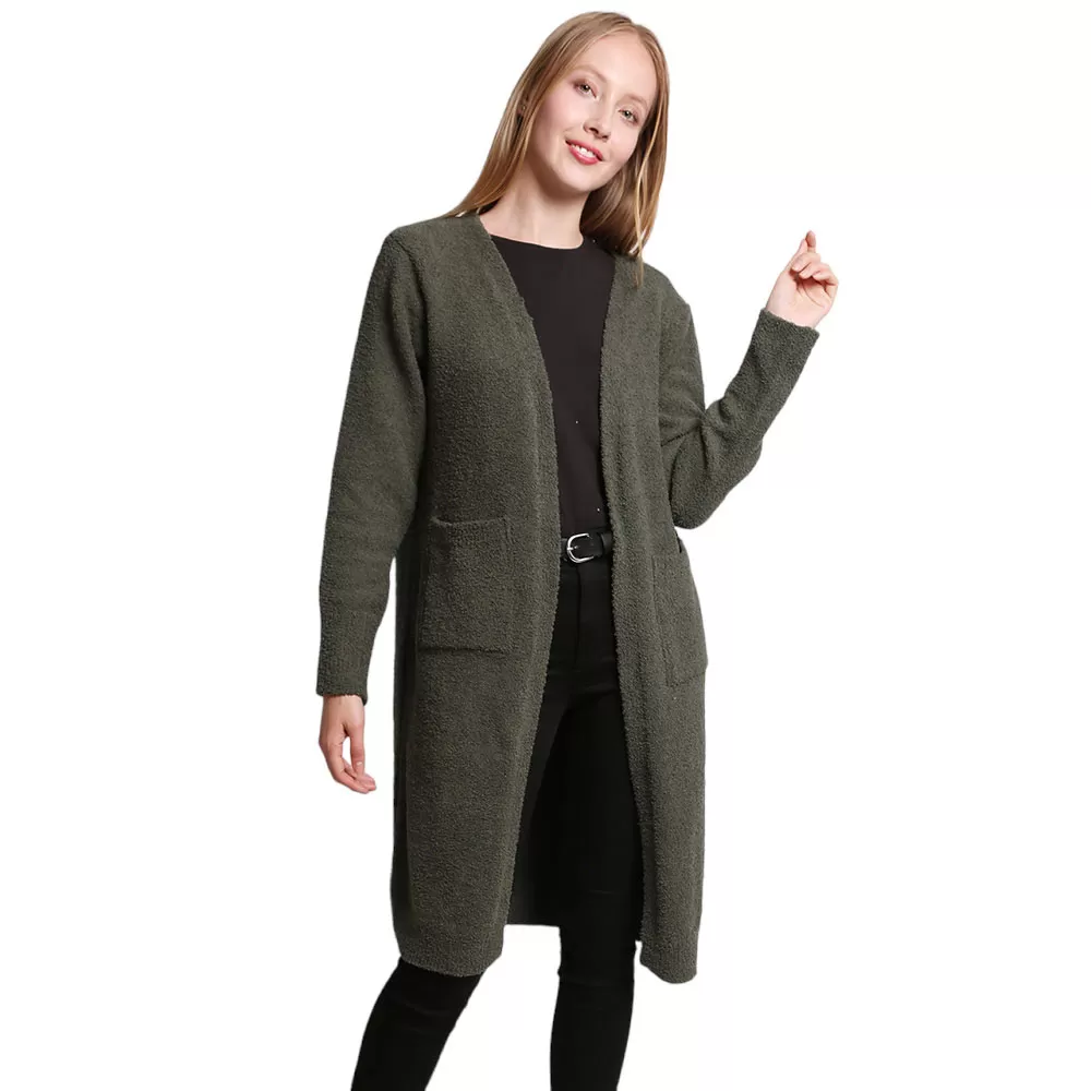 Solid Front Pockets Long Cardigan