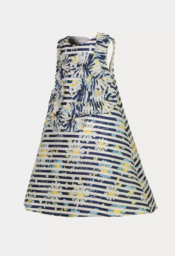 Stripes Frill Pattern Floral Sleeveless Dress