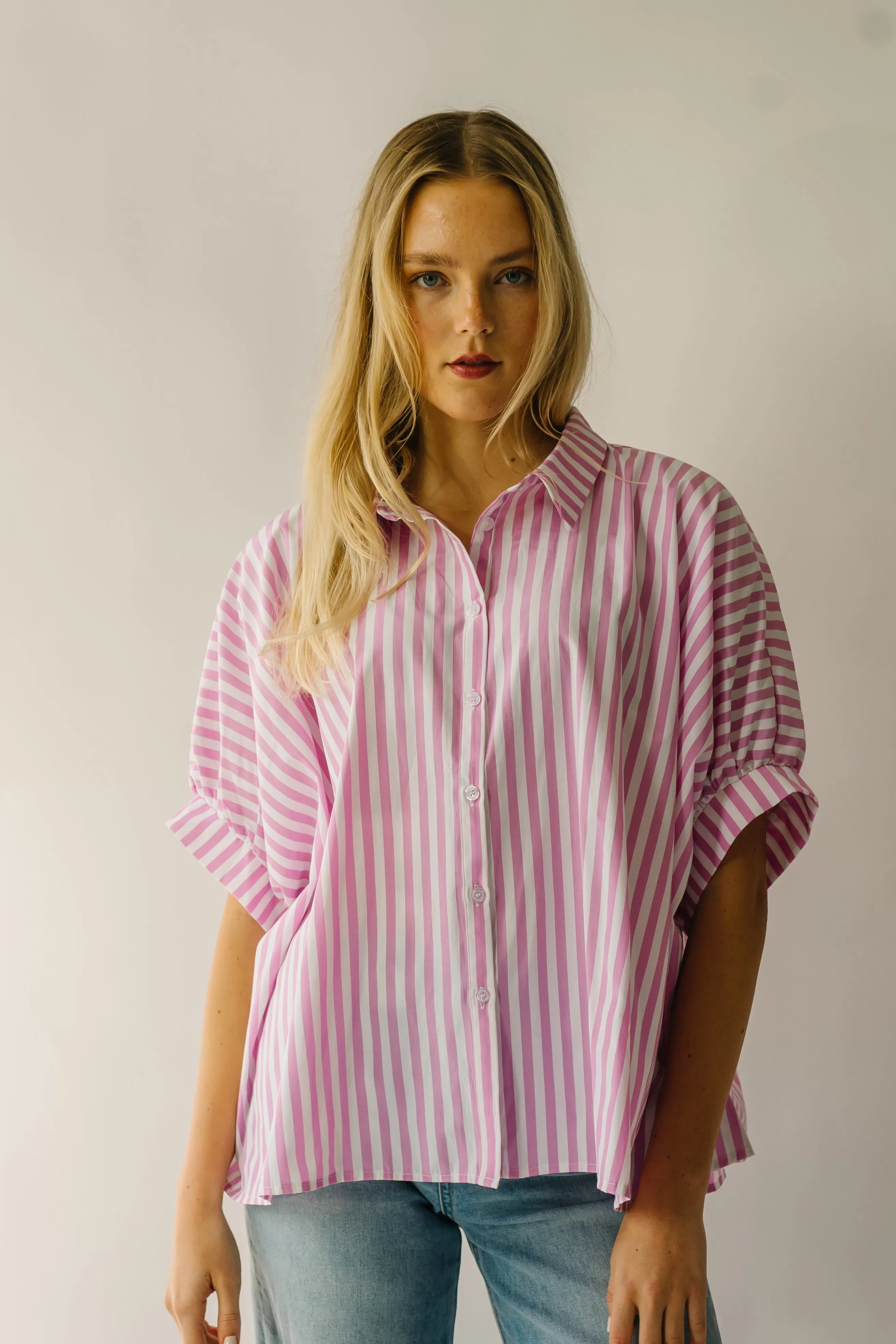 The Latham Oversized Button-Down Blouse in Pink   White Stripe