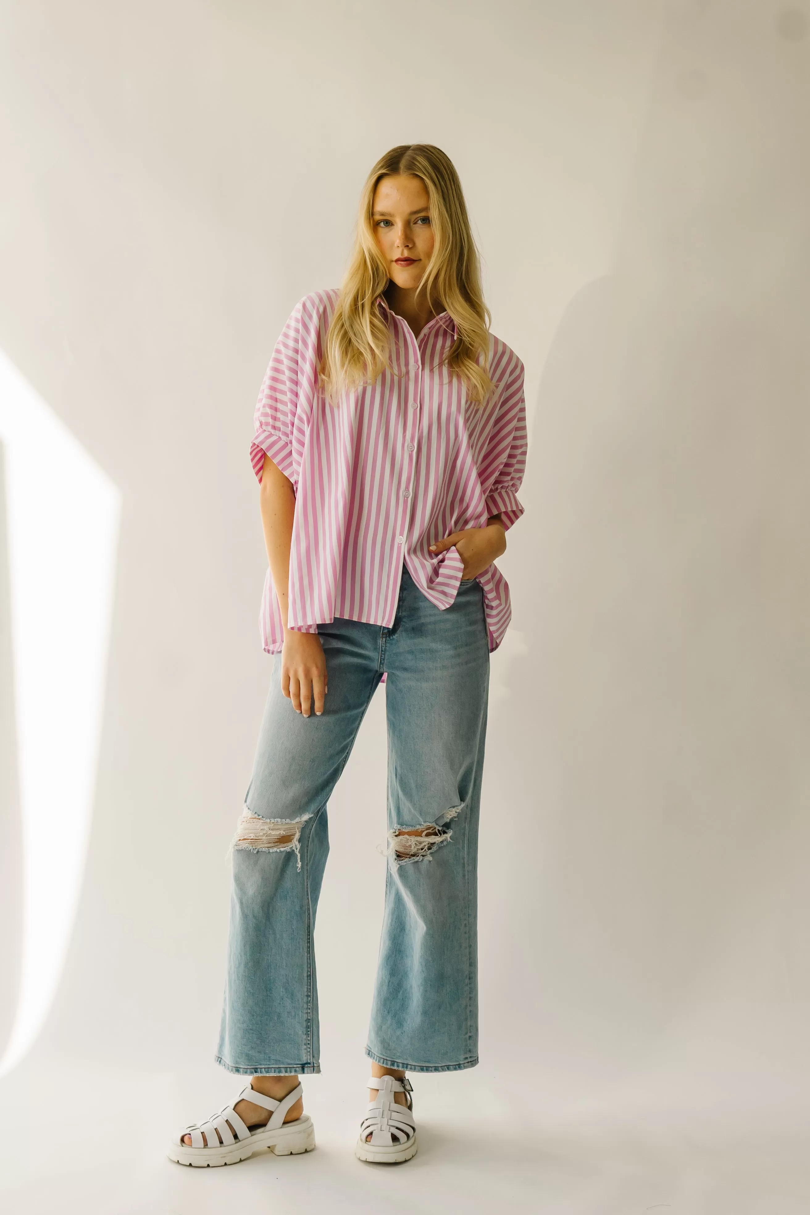 The Latham Oversized Button-Down Blouse in Pink   White Stripe