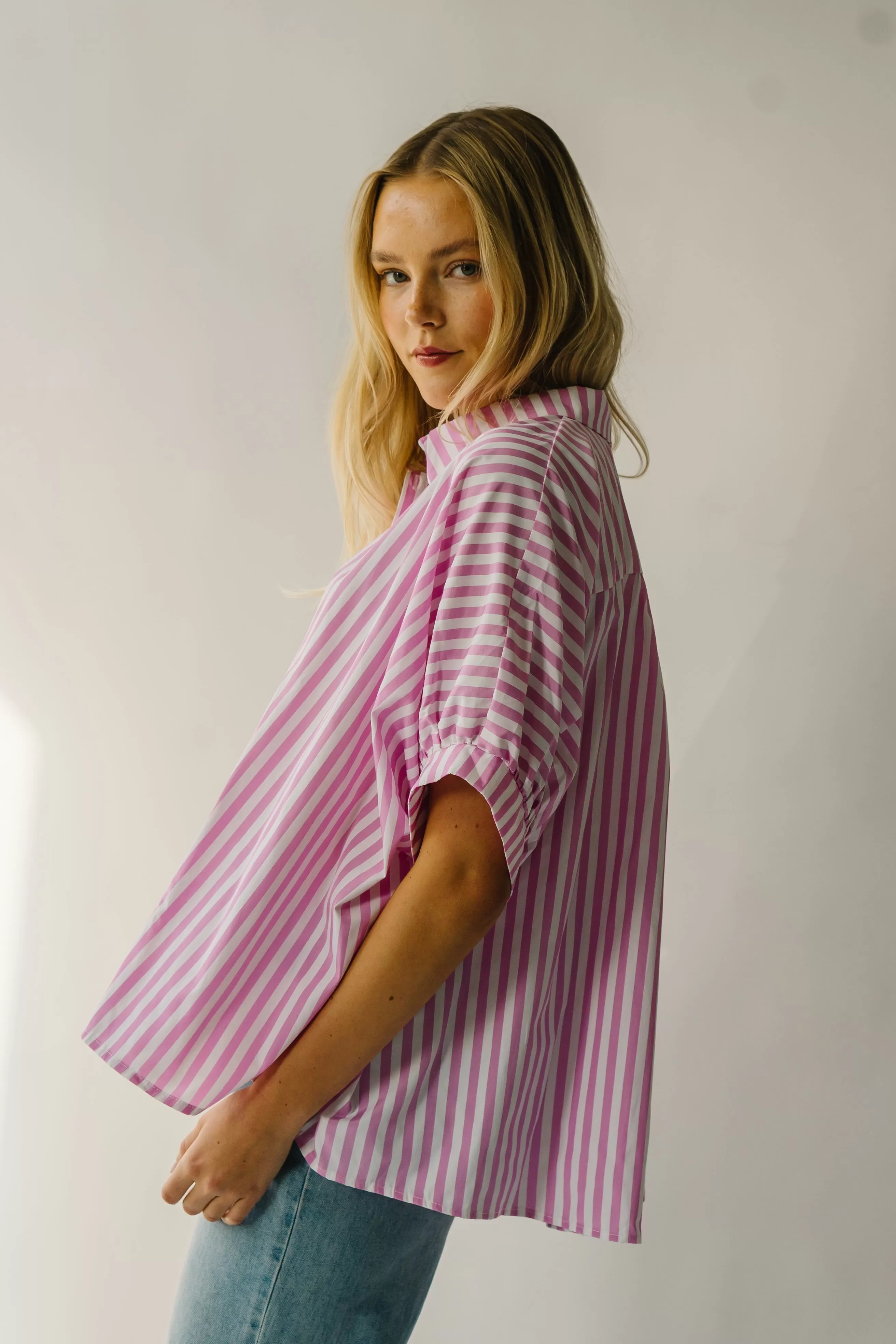 The Latham Oversized Button-Down Blouse in Pink   White Stripe