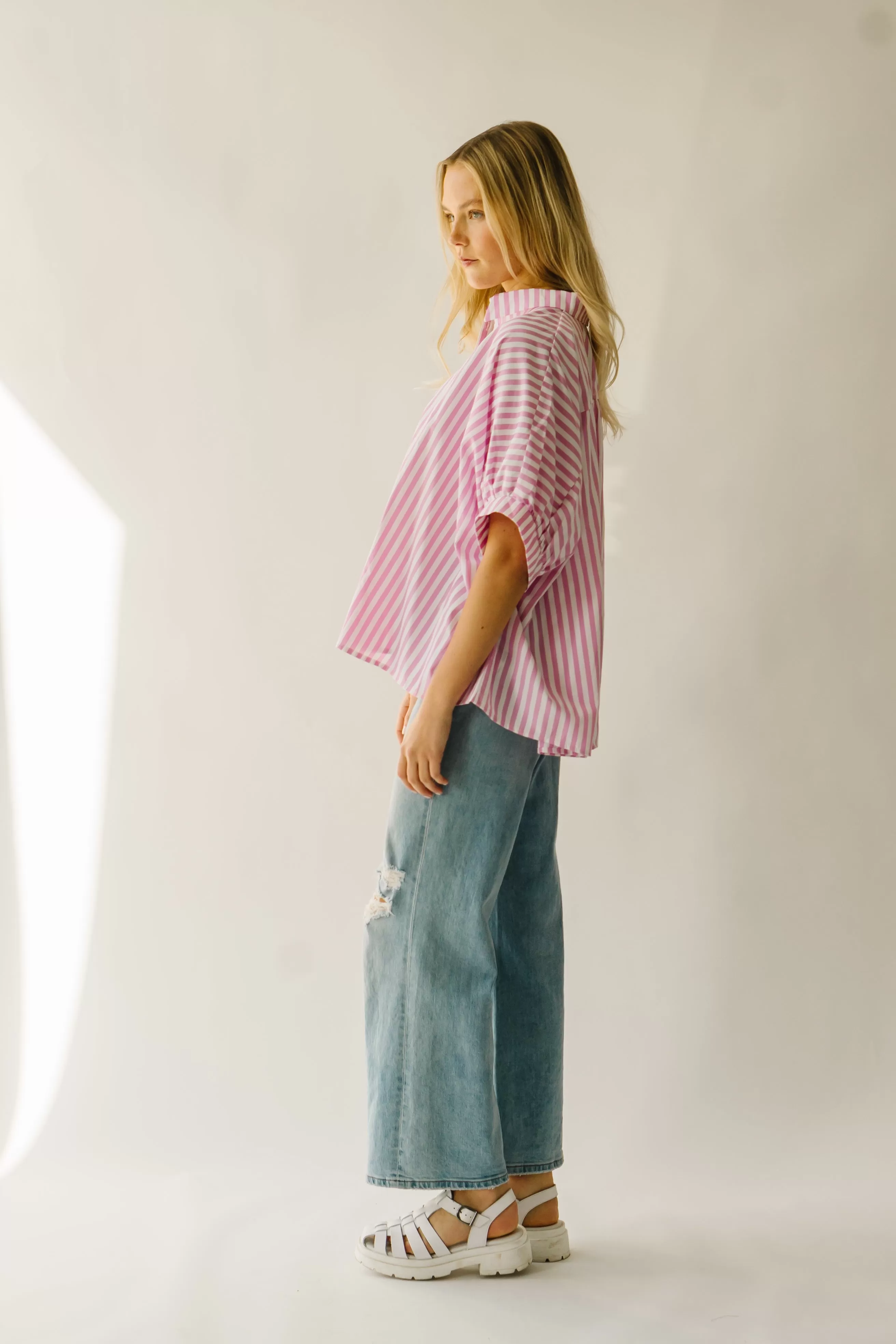 The Latham Oversized Button-Down Blouse in Pink   White Stripe