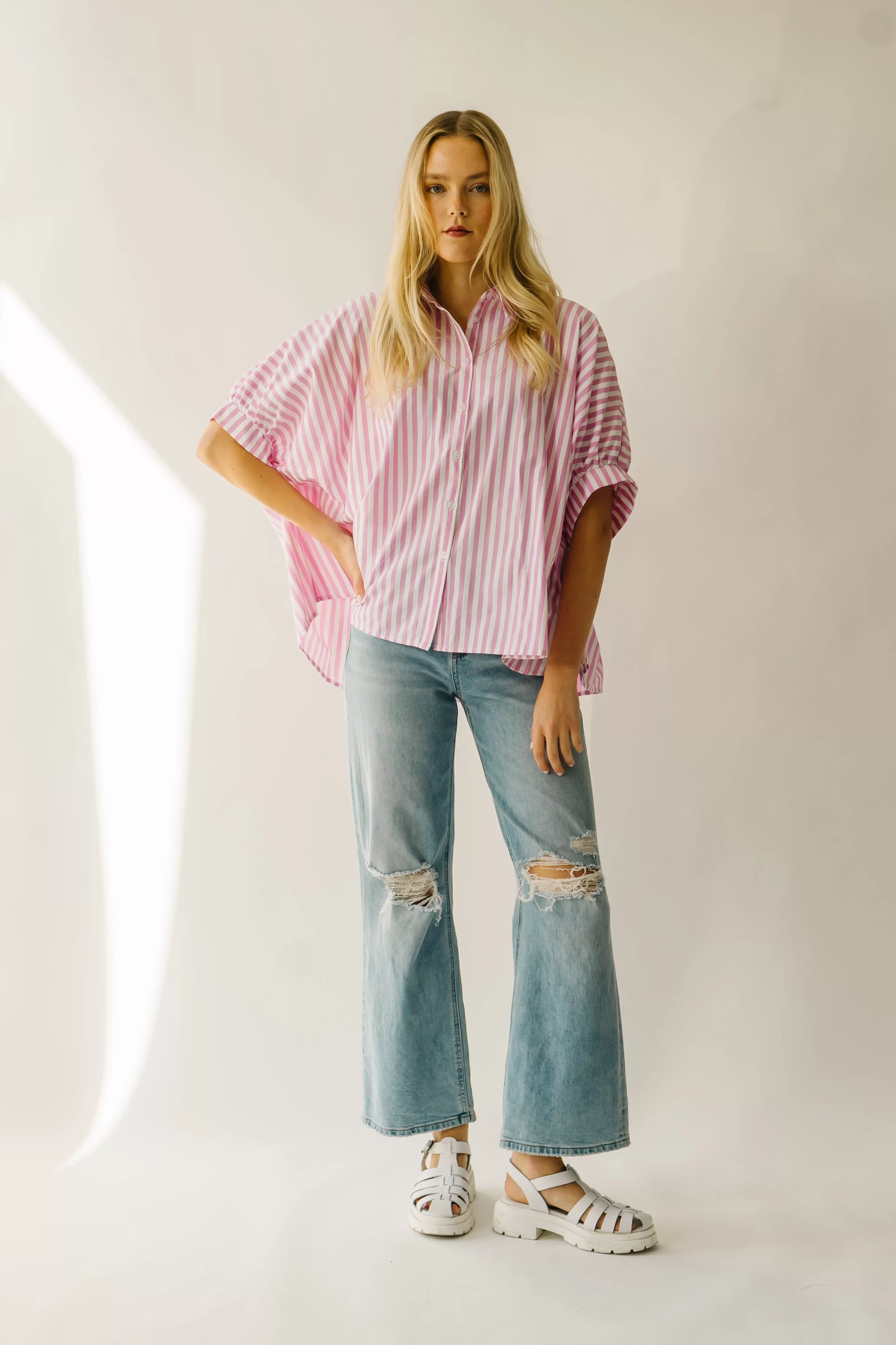 The Latham Oversized Button-Down Blouse in Pink   White Stripe