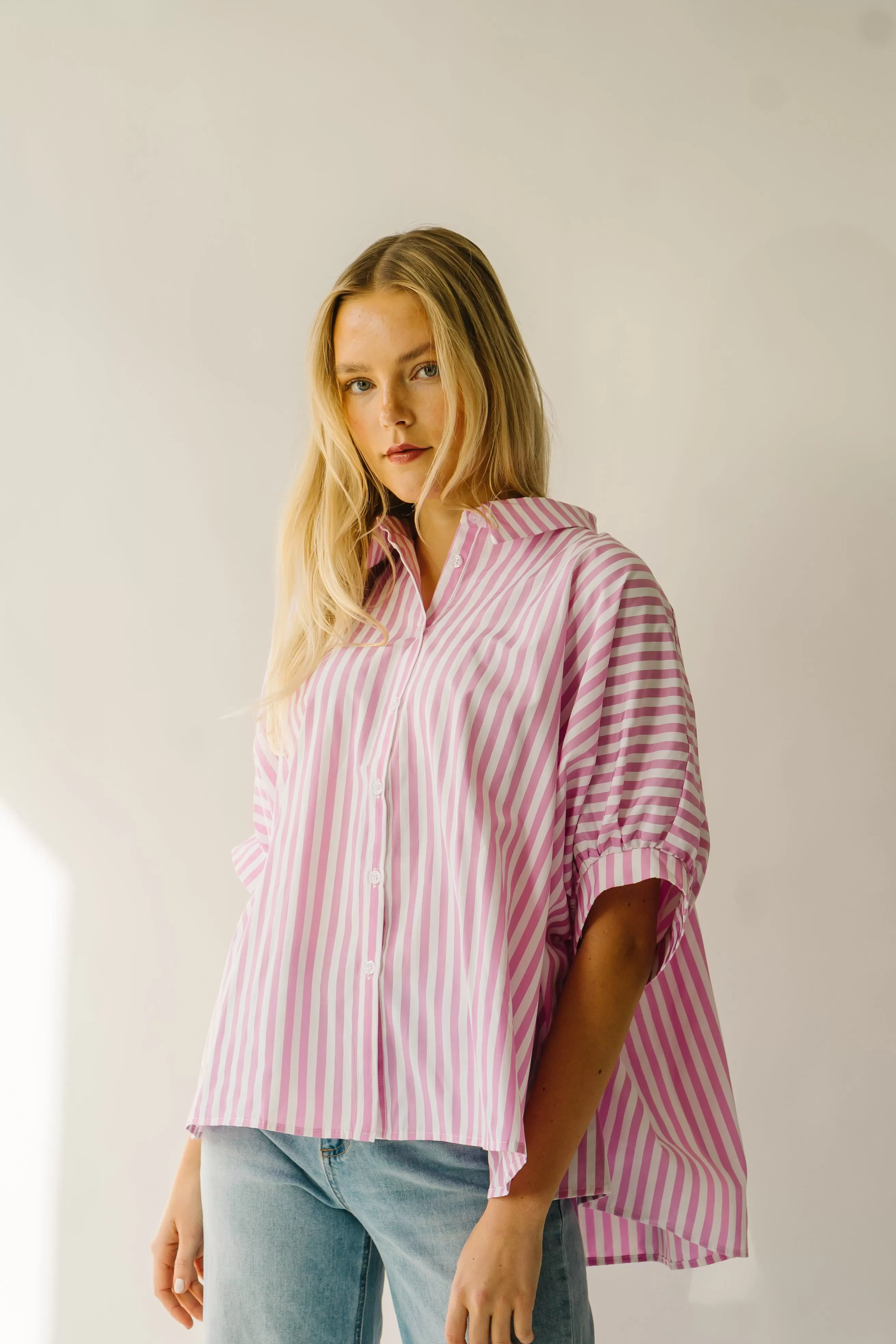 The Latham Oversized Button-Down Blouse in Pink   White Stripe