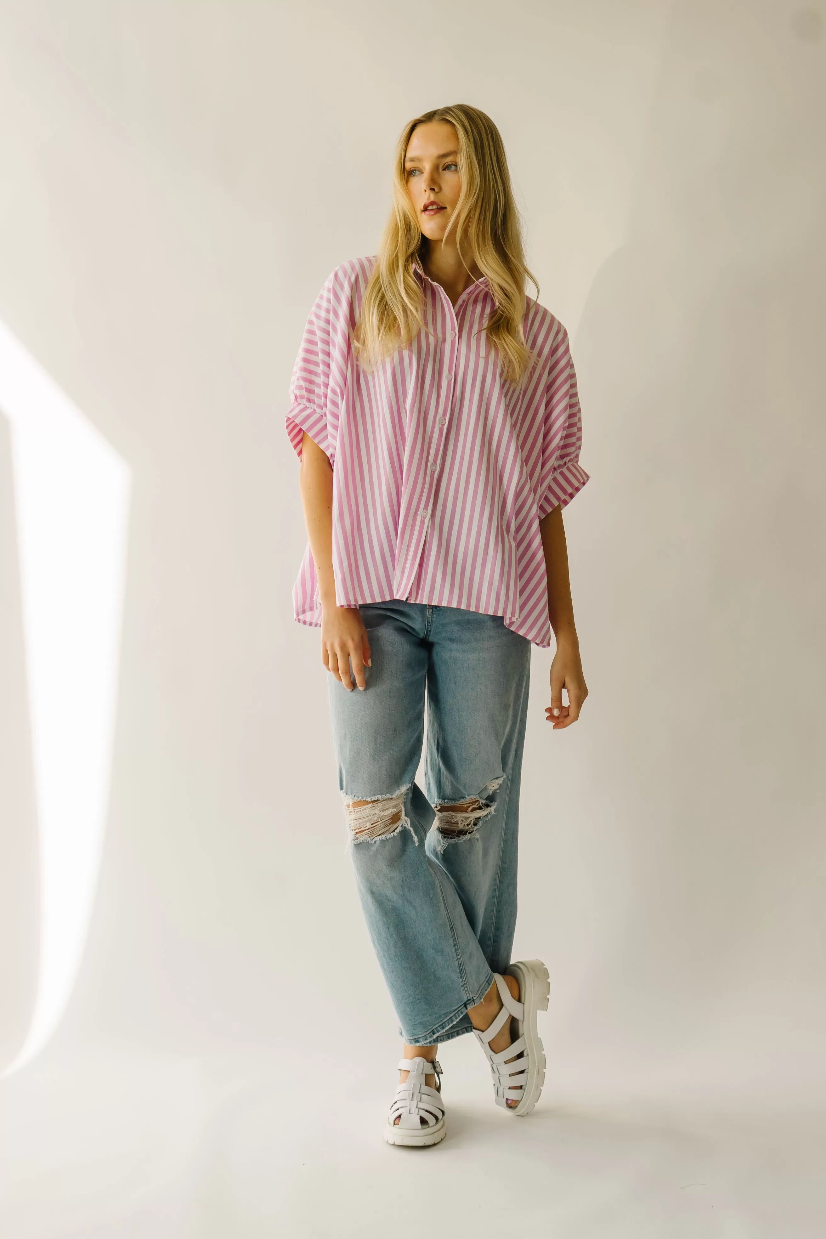 The Latham Oversized Button-Down Blouse in Pink   White Stripe