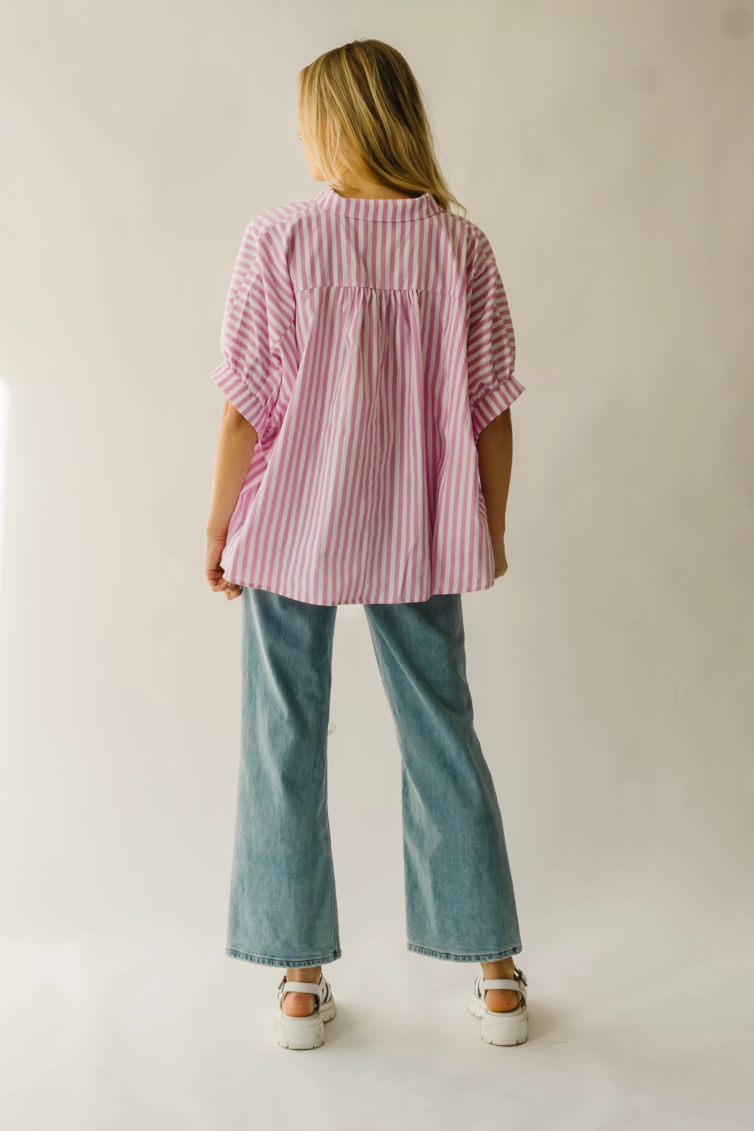 The Latham Oversized Button-Down Blouse in Pink   White Stripe