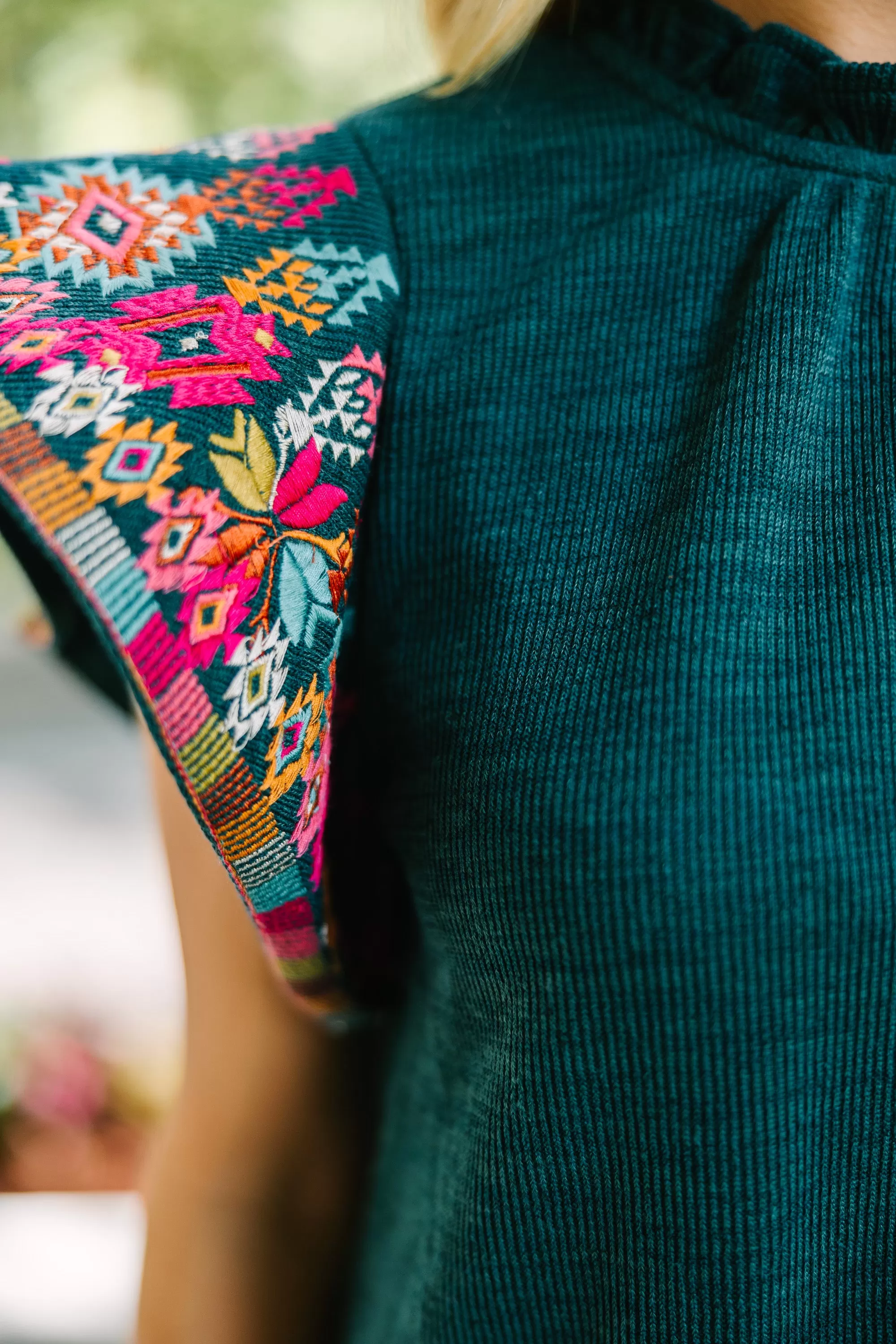 THML: It's All You Teal Blue Embroidered Blouse