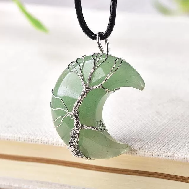 Tree of Life Crescent Moon Semi-Precious Gemstone Necklace