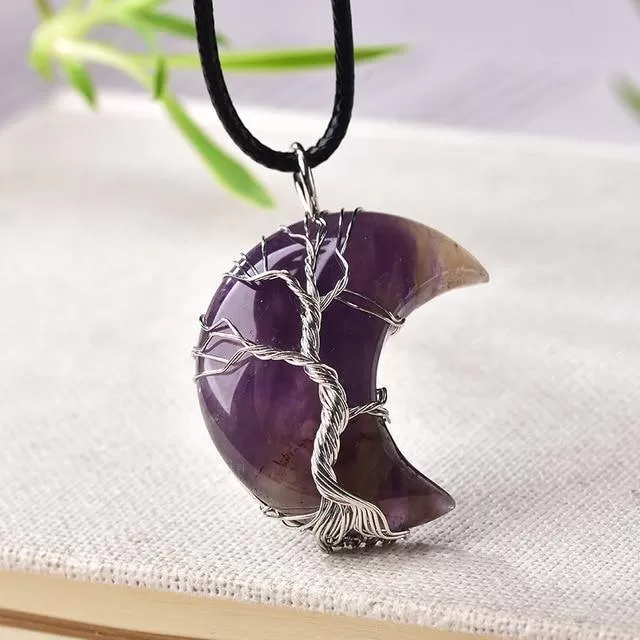 Tree of Life Crescent Moon Semi-Precious Gemstone Necklace