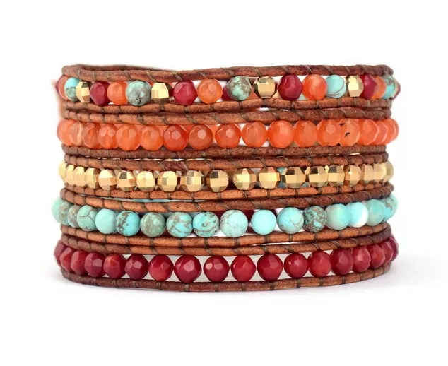 Turquoise Orange Carnelian Mix 5X Wrap Bracelet