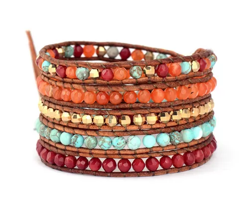 Turquoise Orange Carnelian Mix 5X Wrap Bracelet