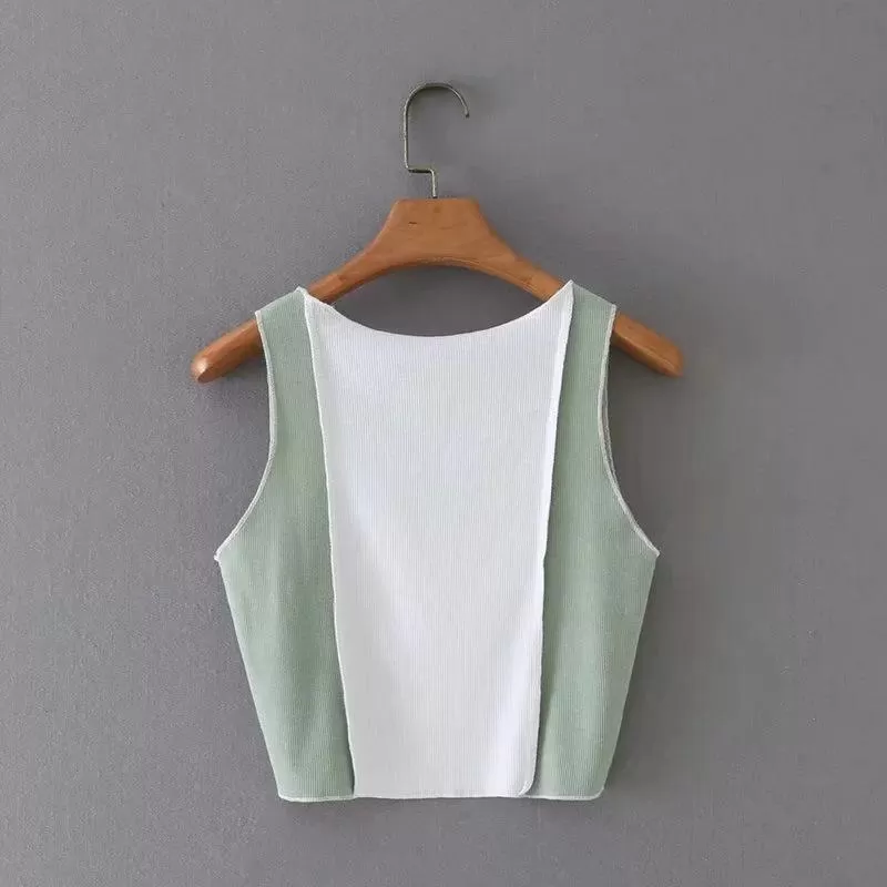 V-neck Patchwork Color Vest Top