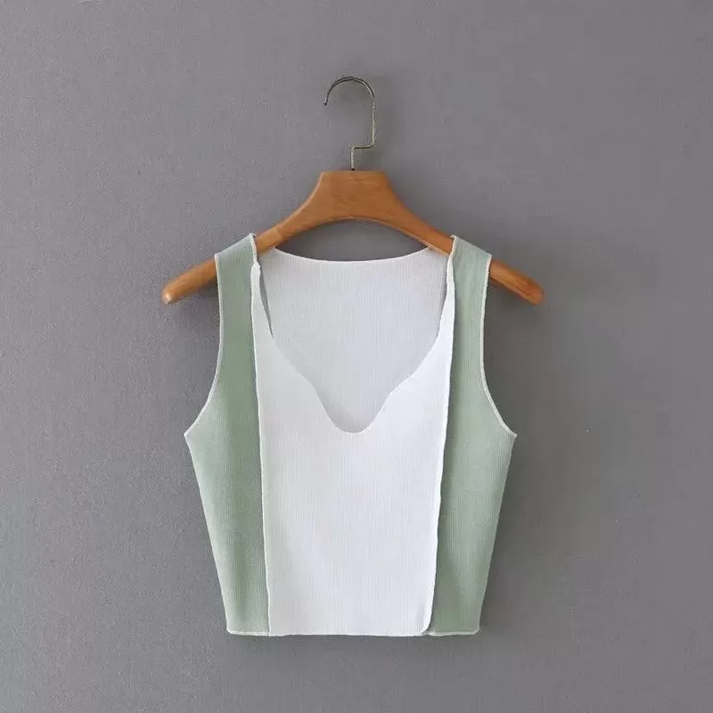 V-neck Patchwork Color Vest Top