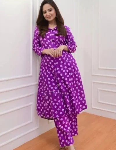 Vibrant Purple Cotton Kurti Pant Set Of 2