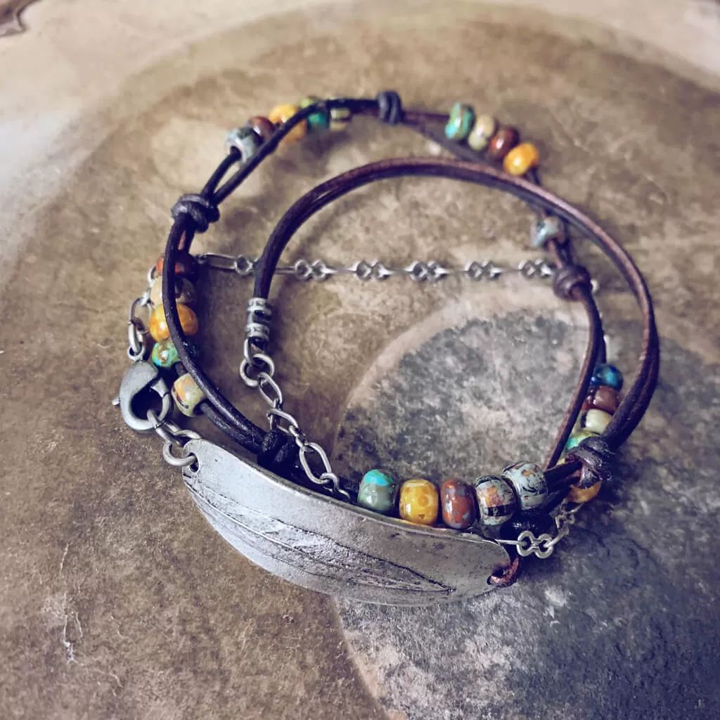 willow leaf // copper or antique silver plated pewter leather and chain wrap bracelet