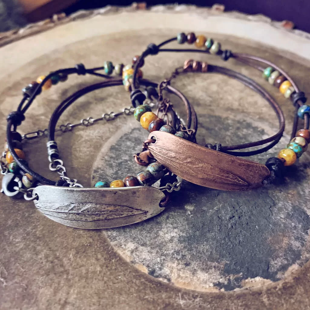 willow leaf // copper or antique silver plated pewter leather and chain wrap bracelet