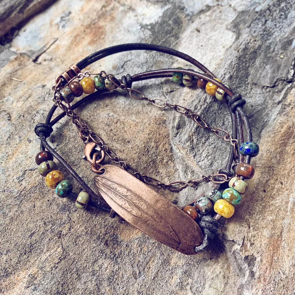 willow leaf // copper or antique silver plated pewter leather and chain wrap bracelet