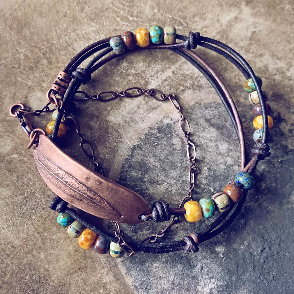 willow leaf // copper or antique silver plated pewter leather and chain wrap bracelet