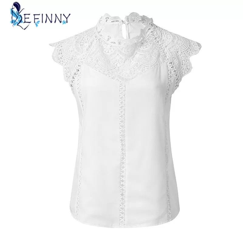 Women's Sleeveless Blouse Lace Patchwork Solid Shirt Black/White