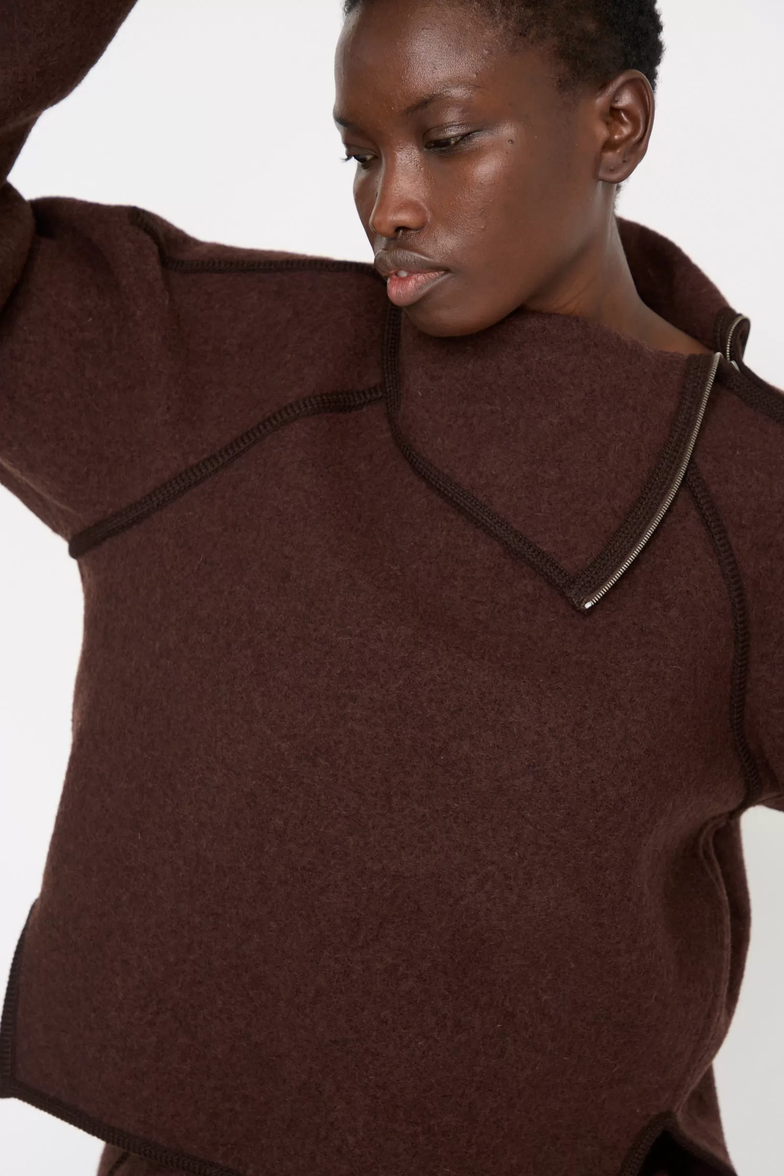 Wool Zip Neck Sweater in Choco