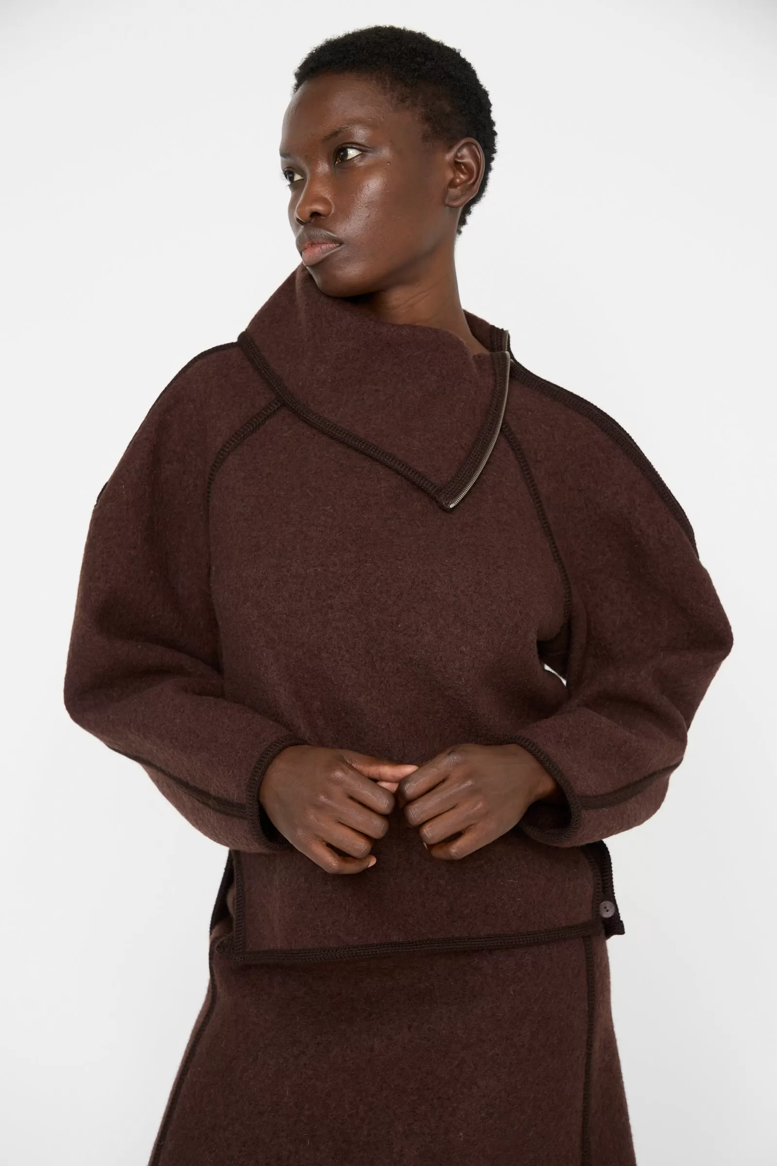 Wool Zip Neck Sweater in Choco