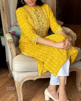 Yellow Embroidered Cotton Kurti UK NEXT DAY