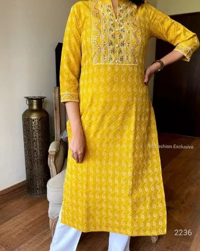 Yellow Embroidered Cotton Kurti UK NEXT DAY